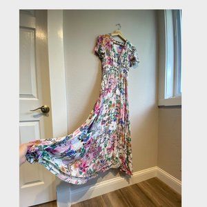 Floral Boho Flowy Maxi Dress w Tassel Drawstring